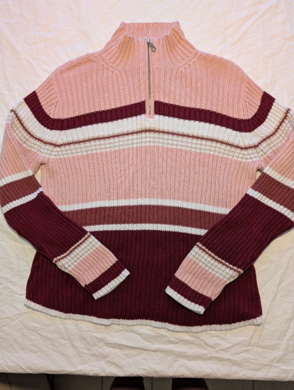 St. John's Bay Ribbed Striped Quarter-Zip Sweater in Pink, Burgundy, and Cream - Picture 3 of 7